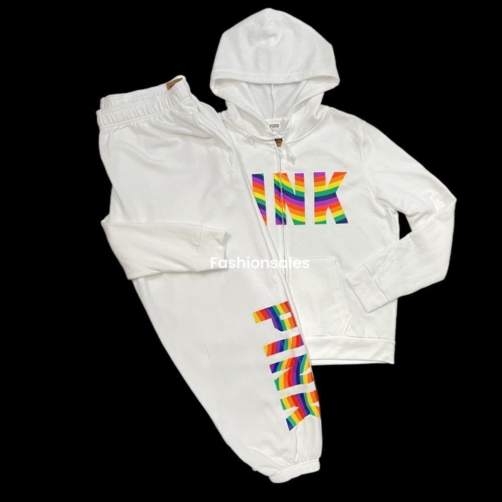 Victorias Secret Pink SET Perfect Hoodie Full Zip & Campus Pants Rainbow Logo XL